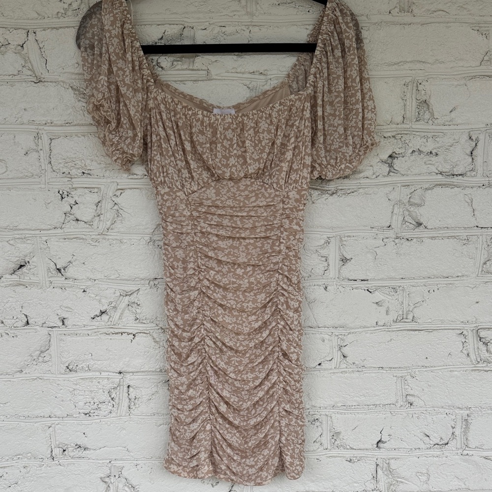 Le Lis Beige Floral Ruched Midi Dress